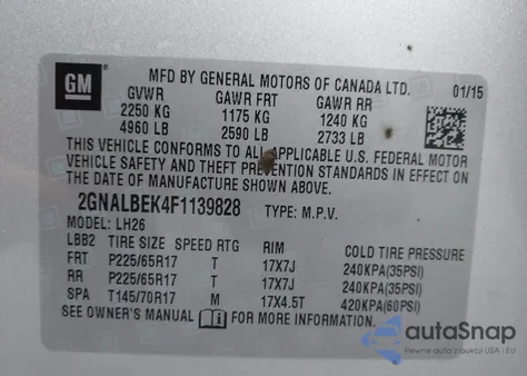 2015 Chevrolet Equinox 1Lt from USA, damaged, VIN 2GNALBEK4F1139828